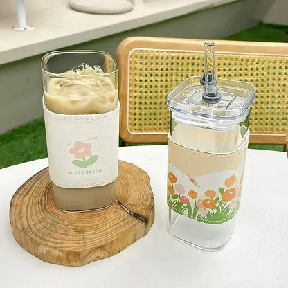 Square Heat-Resistant Coffee Glass Cup with Lid and Straw - Transparent Milk Tea, Juice, and Coffee Mug for Home Bar Drinkware