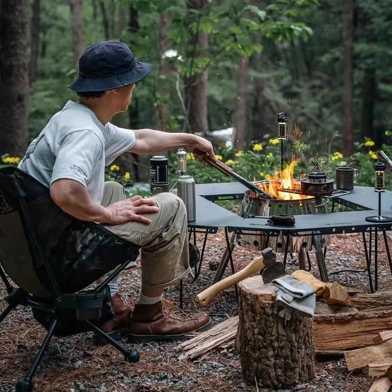 Homful Outdoor Multifunctional Stainless Steel Round Table – Foldable BBQ & Campfire Table for Camping