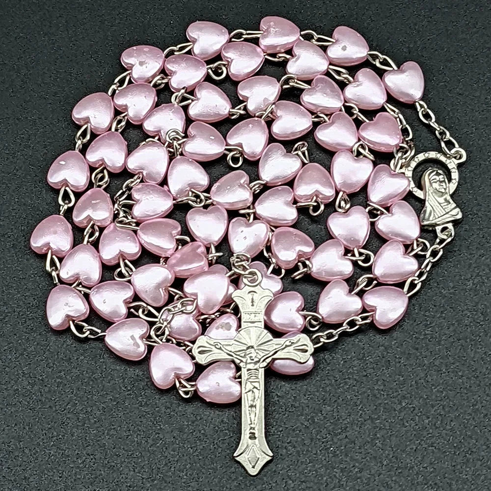White Heart Rosary Necklace – Virgin Mary Cross INRI Pendant Long Chain Religious Prayer Jewelry for Men & Women Accessories