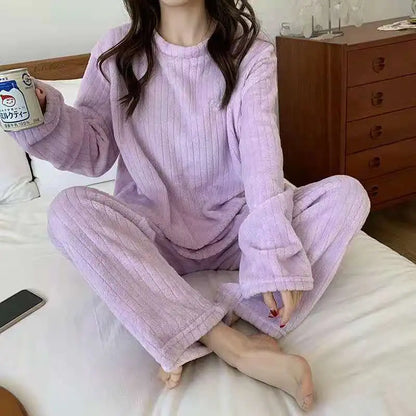 Autumn Women's 2 Piece Warm Velvet Pajama Set – Ribbed Fleece Pullover & Pants, Casual Loungewear (2023)