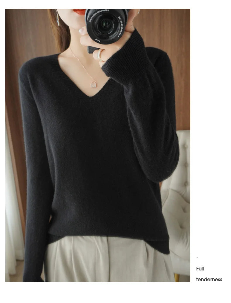 New Women’s Cashmere V-Neck Pullover – Lace Hollow Out Long Sleeve Knitted Sweater for Fall & Winter