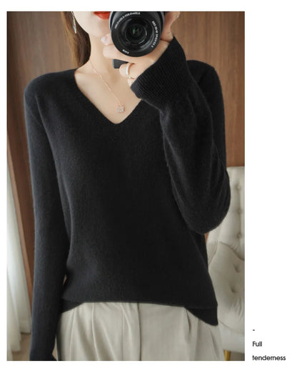 New Women’s Cashmere V-Neck Pullover – Lace Hollow Out Long Sleeve Knitted Sweater for Fall & Winter