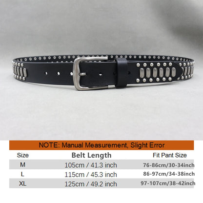 Men’s Designer Rivet Belt – Genuine Cowhide Leather Punk Rock Pin Belt for Jeans, Luxury Black Leather Belt