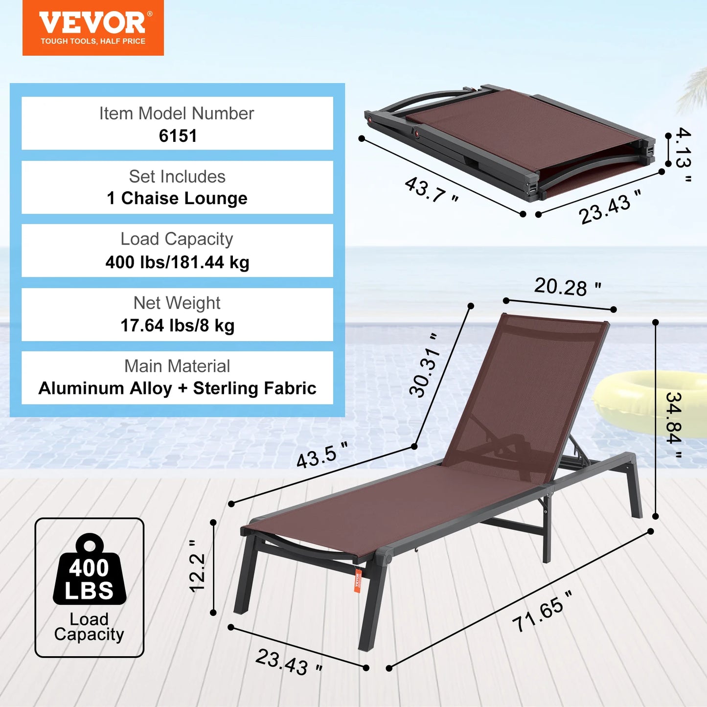 SucceBuy Outdoor Aluminum Chaise Lounge Chair — Folding Patio Pool Recliner, Full Flat Sun Lounger in Dark Grey