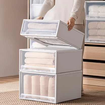 Wardrobe Storage Box – High-Capacity Transparent Stackable Drawer Container for Household Organization