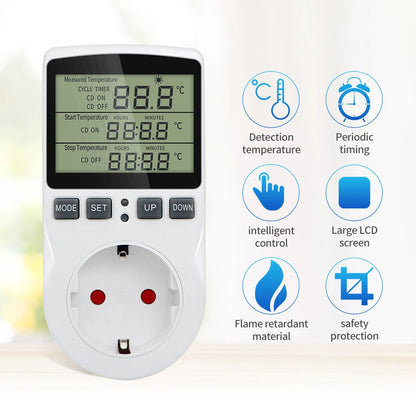 KT3100 Temperature Controller - Multi-Function Thermostat Outlet with Timer, Sensor Probe & Heating/Cooling Control