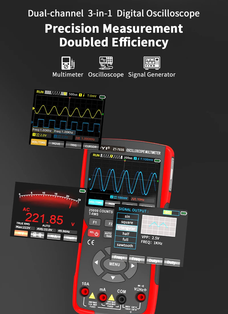 ZOYI 703S Handheld Oscilloscope Multimeter – Dual-Channel 3-in-1 Auto Repair Tool with Color Screen