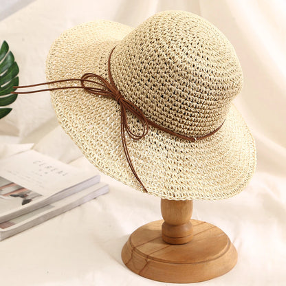Women’s Holiday Beach Sun Hat – Large Brim Woven Straw Fisherman Hat with Bow, Seaside Sun Protection Panama Chapeau Korean Style