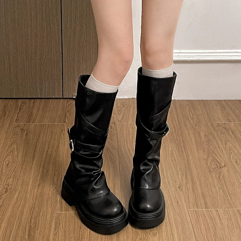 Vintage Thick Heel Women’s Knee-High Boots – Slip-On Fashion Booties for Autumn & Winter