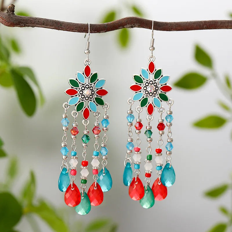 Bohemian Acrylic Water Drop Earrings - Crystal Bead Long Dangle Vacation Jewelry for Women