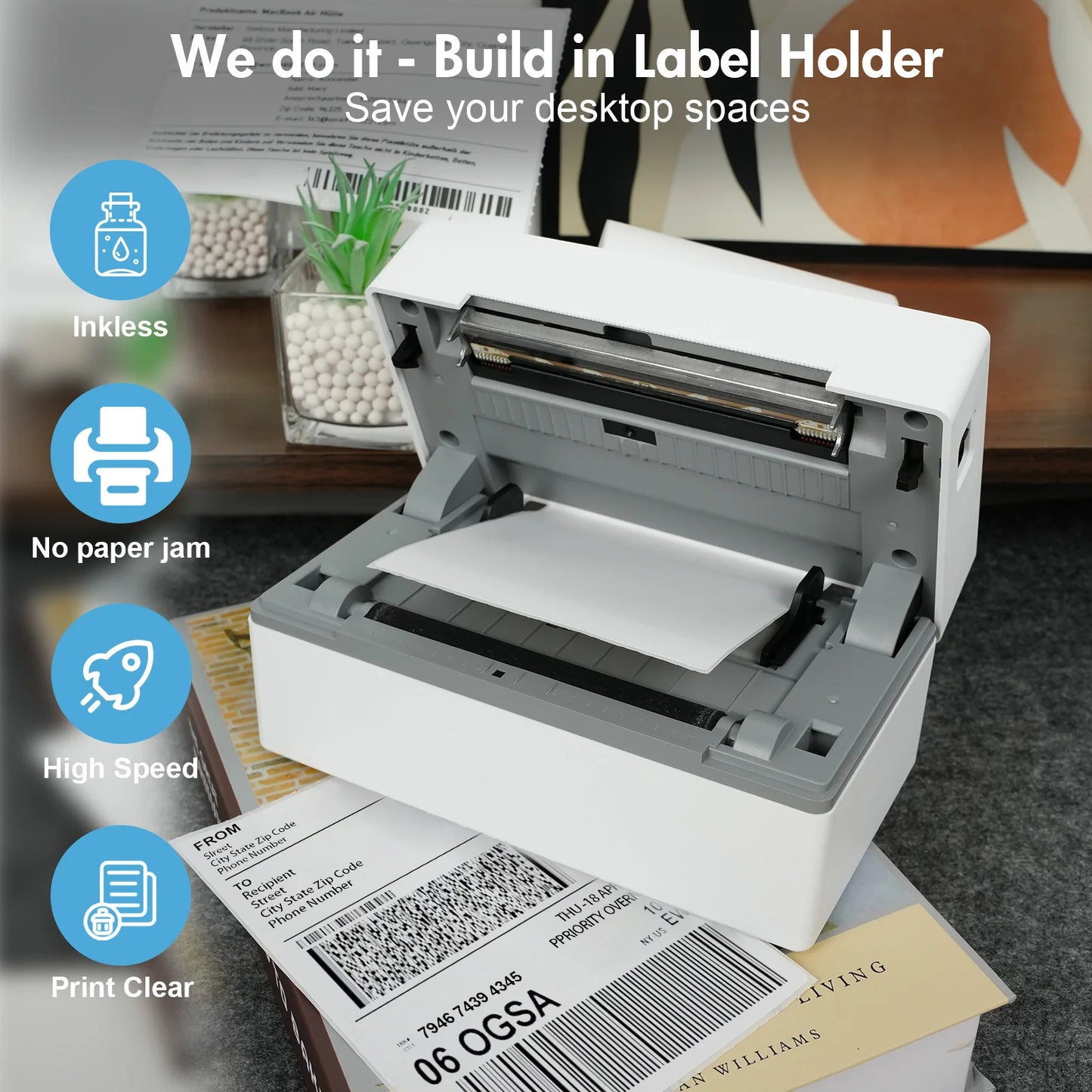 Portable 4x6 Thermal Label Printer - 203DPI Bluetooth USB No-Ink Shipping & Airway Bill Printer