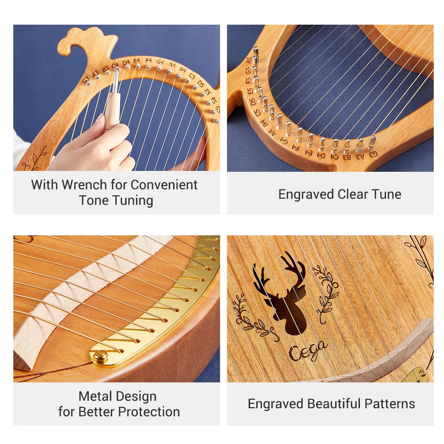 16/21/24-String Lyre Harp – Mahogany Wood Stringed Musical Instrument with Tuning Wrench & Spare Strings