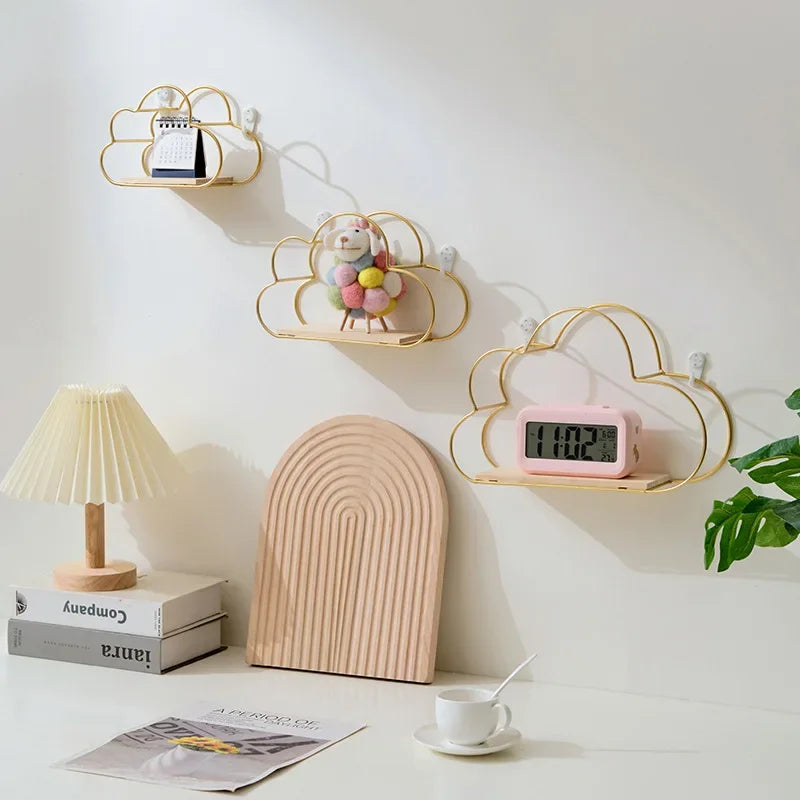 Creative Cloud Iron Shelving Wall Shelf – Nordic Style Wooden Clapboard for Children's Room Decoration and Display