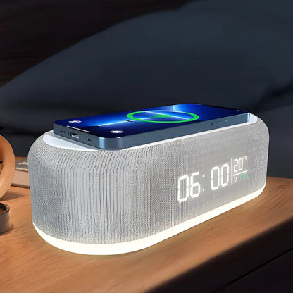15W Wireless Charging Pad with Alarm Clock, Desktop Lamp and Thermometer - Fast Charging Dock for iPhone and Samsung, Night Light for Bedroom