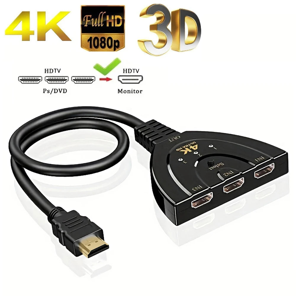 4K 3-Port HDMI-Compatible Switch - 3-Input 1-Output 4K 2K 3D Video Switcher for Xbox, PS4, PC & TV