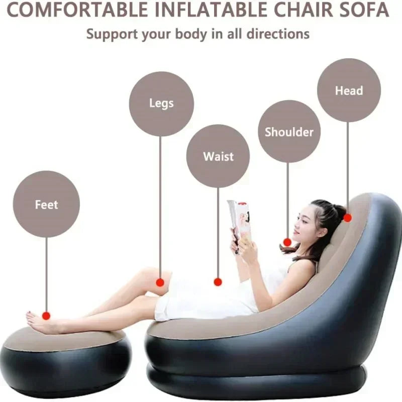 Inflatable Leisure Bean Bag Sofa – Foldable Lazy Recliner for Outdoor, Tatami & Bedroom Use, Fluffy Seat & Footstool