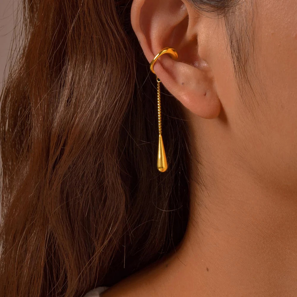 C-Shaped Metal Teardrop Tassel Ear Cuff – Clip-On Earrings for Women, No Piercing, Ear Cartilage Jewelry (1 Piece)