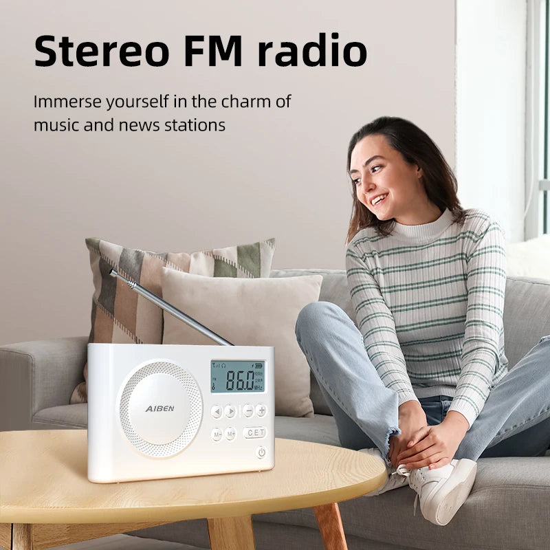 AIBEN C5S Mini Portable Radio — Handheld Rechargeable Digital FM Radio with USB Charging Port & Built-In Speaker