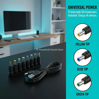 USB to DC 5.5x2.1mm Power Cable - 8-Connector Tips for CCTV Cameras and TV Boxes
