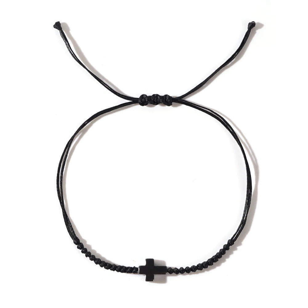 Minimalist Black Cord Cross Bracelet - Handcrafted Woven Protection Jewelry Gift for Men
