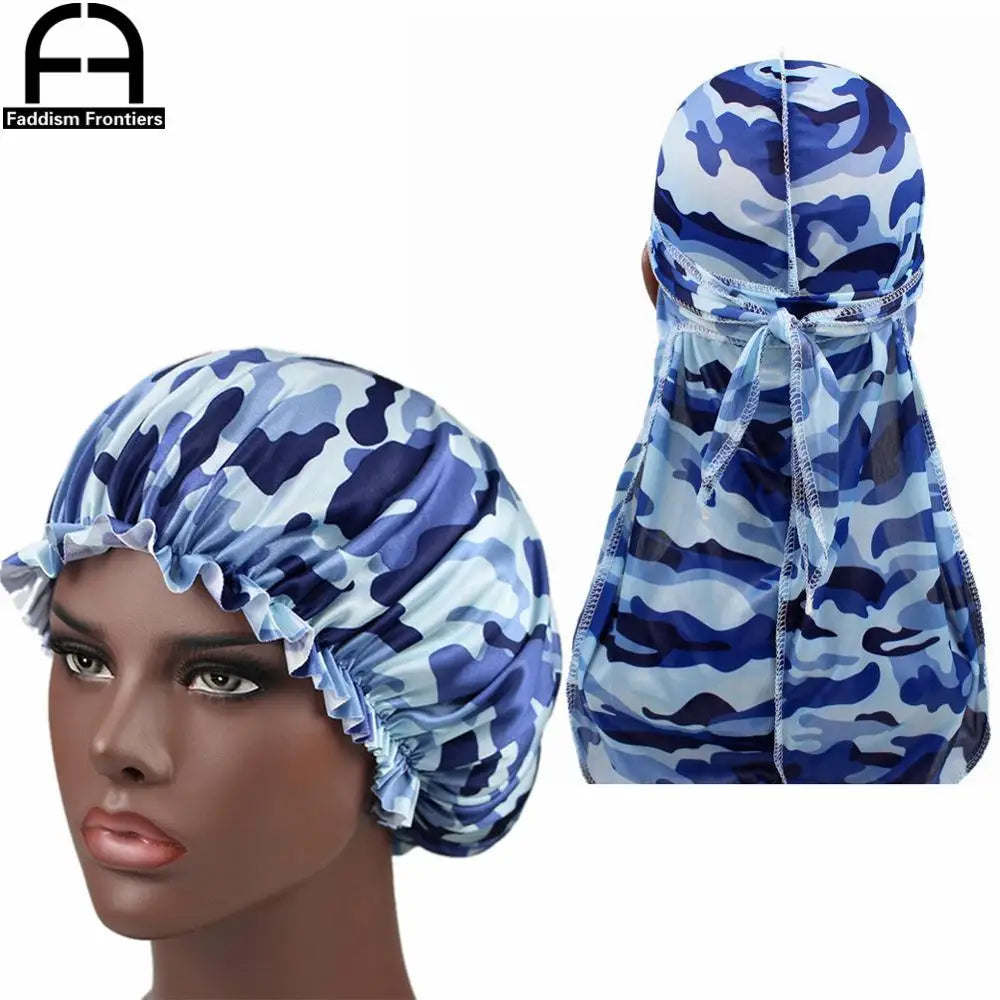 Camo Silky Durag & Bonnet Set - Ankara Print Sleeping Cap and Turban for Women