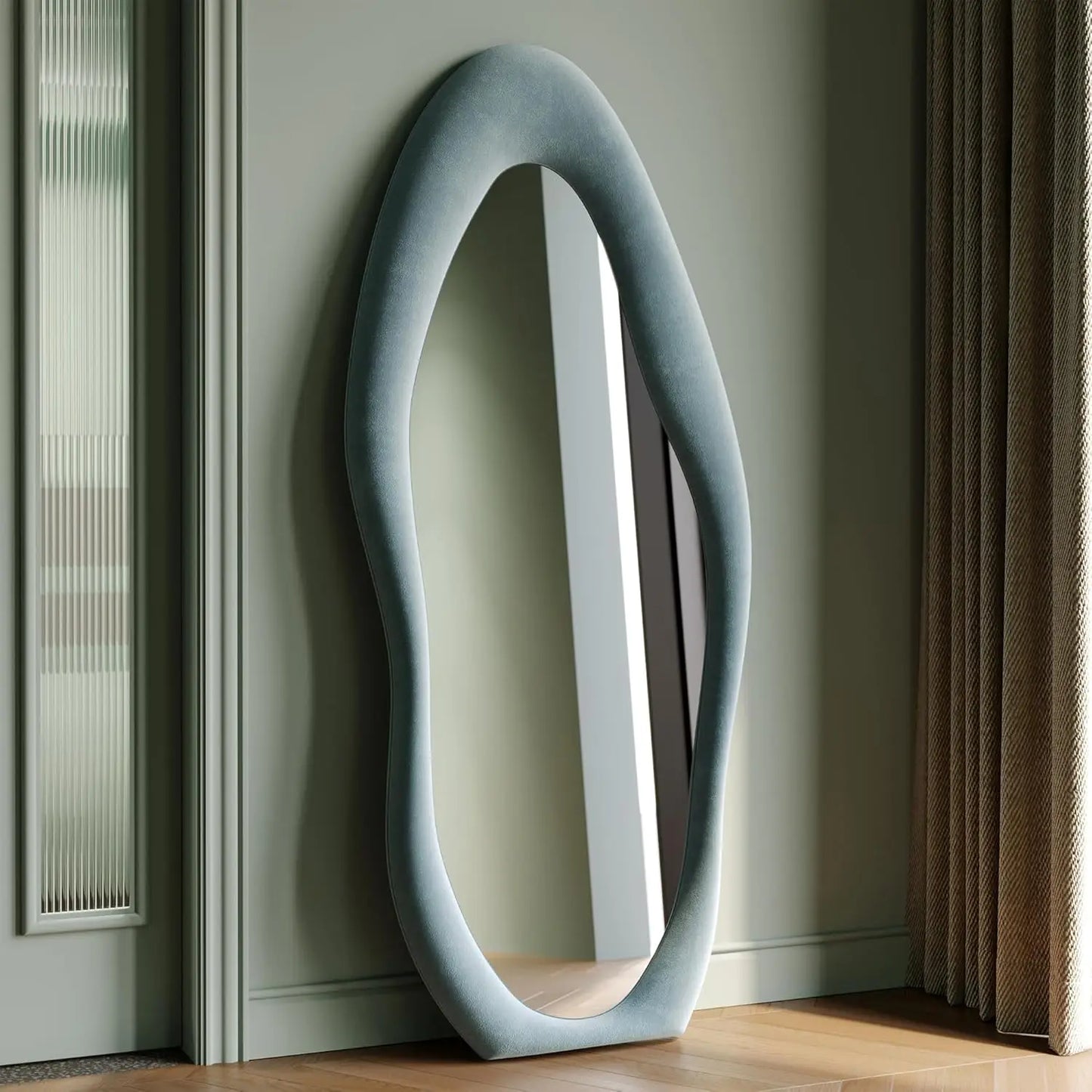 Full-Length Wall Mirror – 63"x24" Wavy Full Body Mirror with Flannel-Wrapped Wood Frame for Bedroom, Living Room & Cloakroom