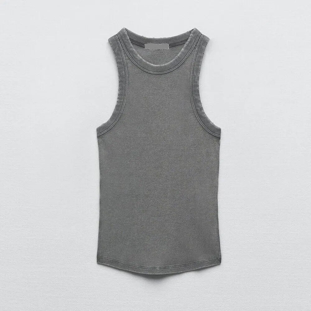 Fashion New Water Wash Rib Simple Retro Workwear Women's Tank Top by BMURHMZA