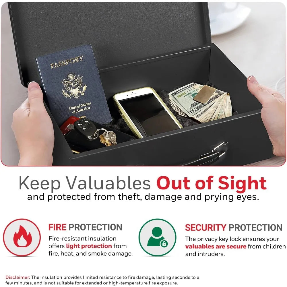 Fireproof Lock Box — Safe for Documents, Jewelry & Money | 0.17 Cubic Feet with Keys, Black