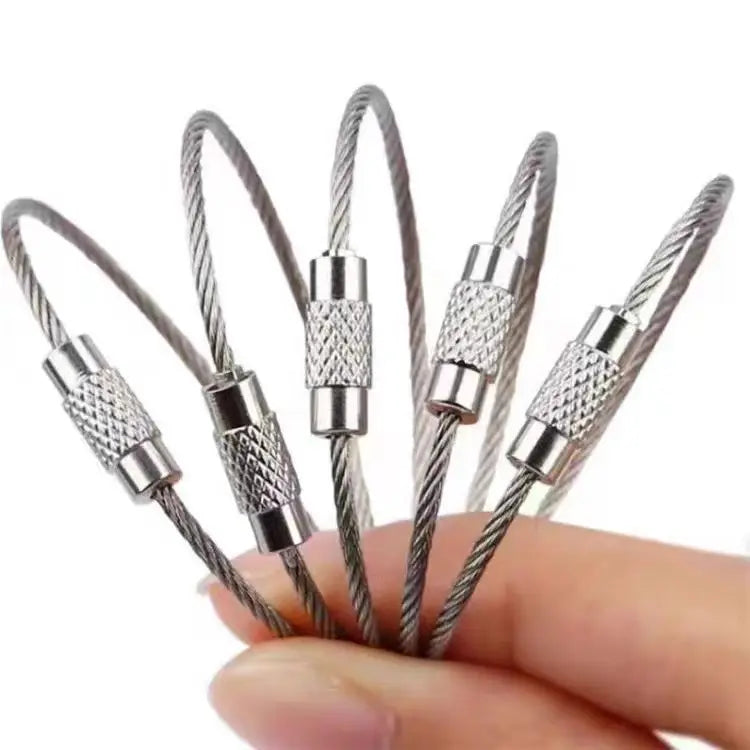 Metal Keychain Tag with Stainless Steel Wire Cable - Screw Lock Gadget Ring for Camping & Hardware