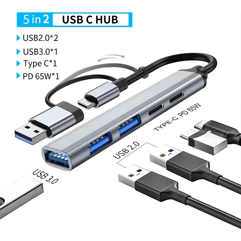 USB 3.0 Type-C Adapter Docking Station – Multi-Hub Splitter with USB 2.0 Port, TF/SD Card Reader, Audio Output for MacBook Pro, Computer