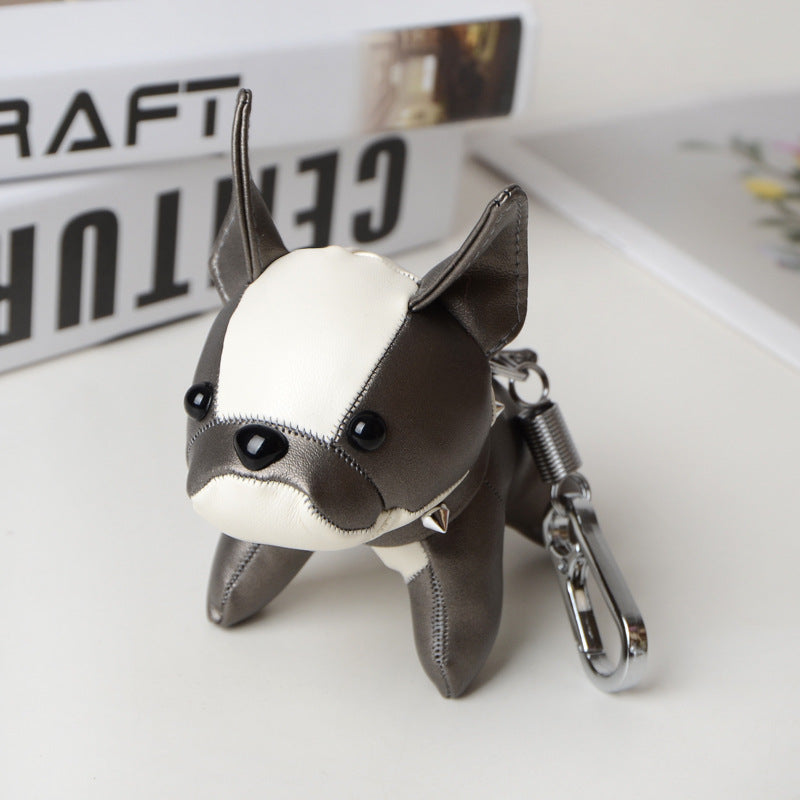 Punk French Bulldog PU Leather Dog Keychain — Fashion Bag Charm for Women Car Key Ring