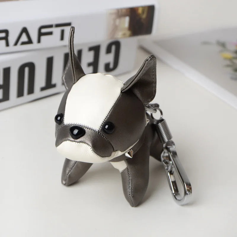 Punk French Bulldog PU Leather Dog Keychain — Fashion Bag Charm for Women Car Key Ring