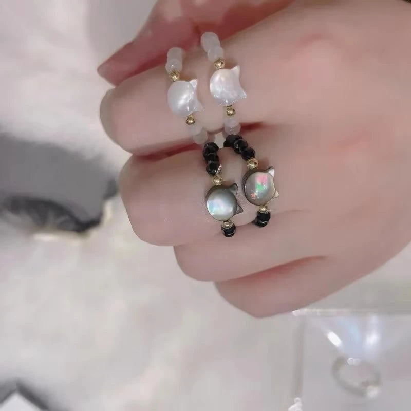 Mini Cat Moonstone Rings Set - Handmade Elastic Natural Obsidian Beaded Couple Rings for Men & Women Jewelry Gift