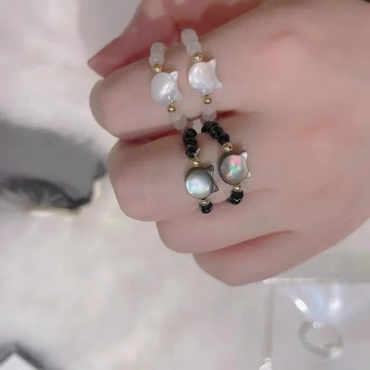 Mini Cat Moonstone Rings Set - Handmade Elastic Natural Obsidian Beaded Couple Rings for Men & Women Jewelry Gift