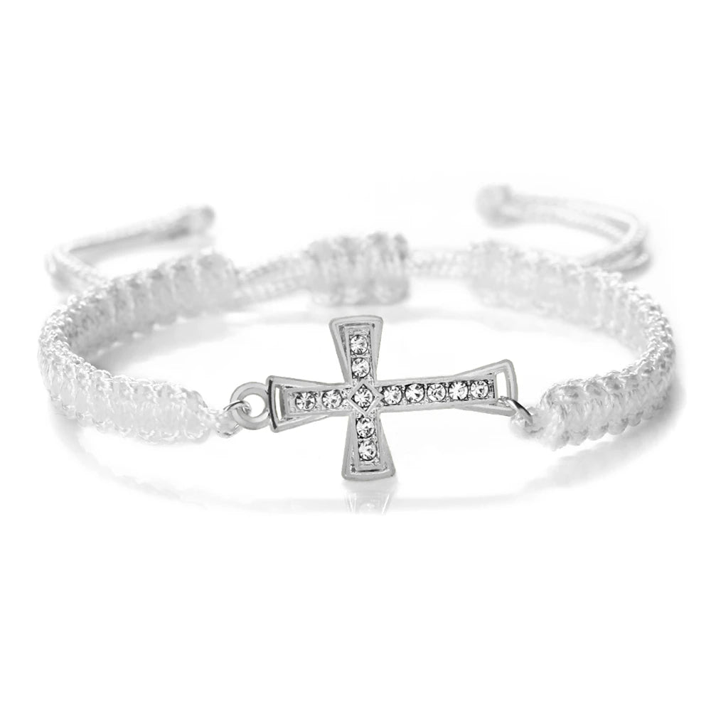 Crystal Cross Pendant Bracelet - Red & Black Braided Prayer Rope Jewelry Gift for Men & Women