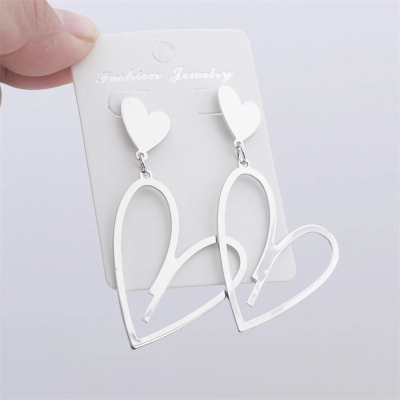 2024 Trendy Heart Dangle Earrings — Double-Layer Love Pendants for Women, Bohemian Hanging Ear Jewelry