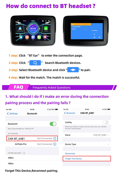 EVKEY MTC13 Motorcycle Navigation Display - Waterproof CarPlay Screen, Portable Wireless Monitor with Android Auto
