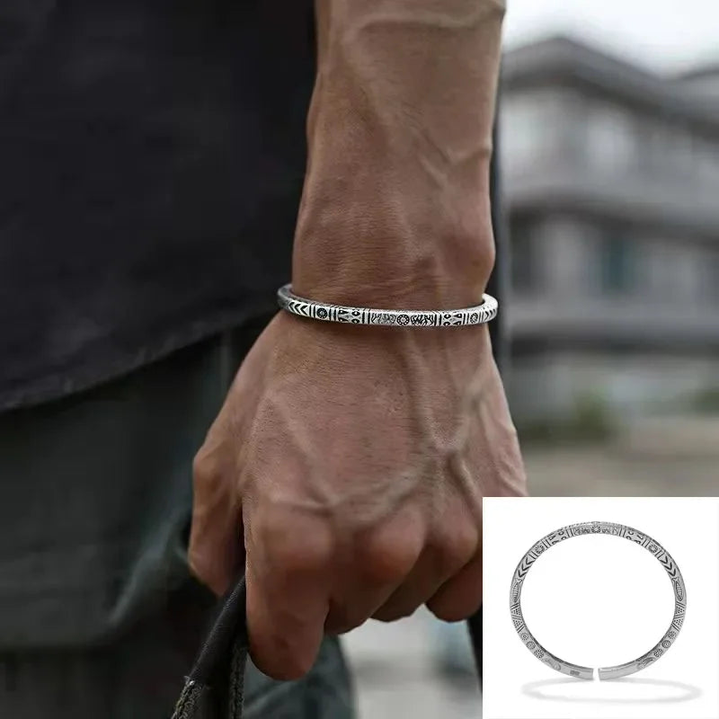 Retro Tibetan Six-Character Mantra Bracelet — Silver Plated Lotus Cuff for Men