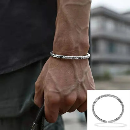 Retro Tibetan Six-Character Mantra Bracelet — Silver Plated Lotus Cuff for Men