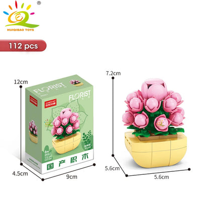 HUIQIBAO MOC Flower & Succulent Potted Building Block Set – DIY Eternal Bouquet, Home Desk Plant Decor, Girls & Kids Toy Gift