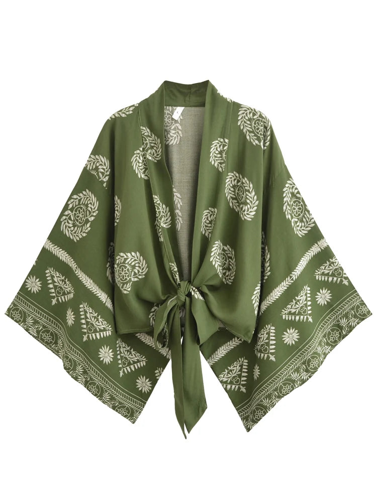 Vintage Boho Women Kimono Cover Up – Floral Print Batwing Sleeve Short Robe for Swimwear, Bikini Beachwear & Resort Outfit