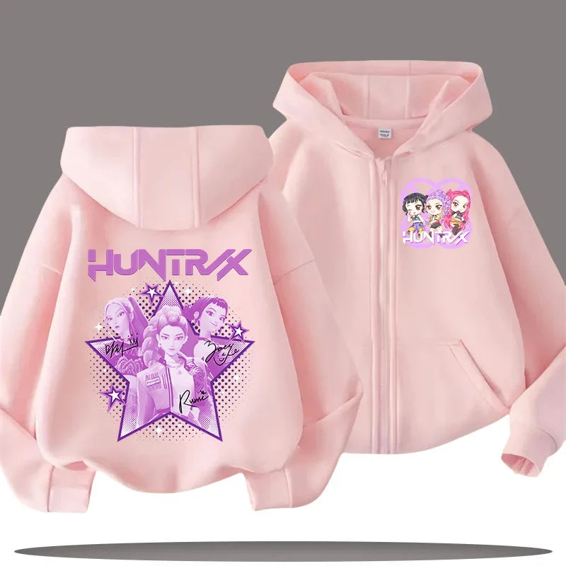 Funny Kpop Demon Hunters Zip-Up Sweatshirt – Kids Hoodie for Girls & Boys, Casual Zipper Hoody Top
