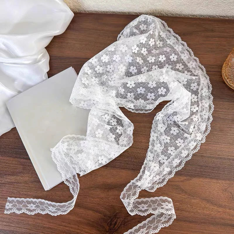 White Woven Floral Lace Hair Scarf Wrap – Retro Triangle Headscarf, Travel & Photo Hat, Hair Accessories for Women