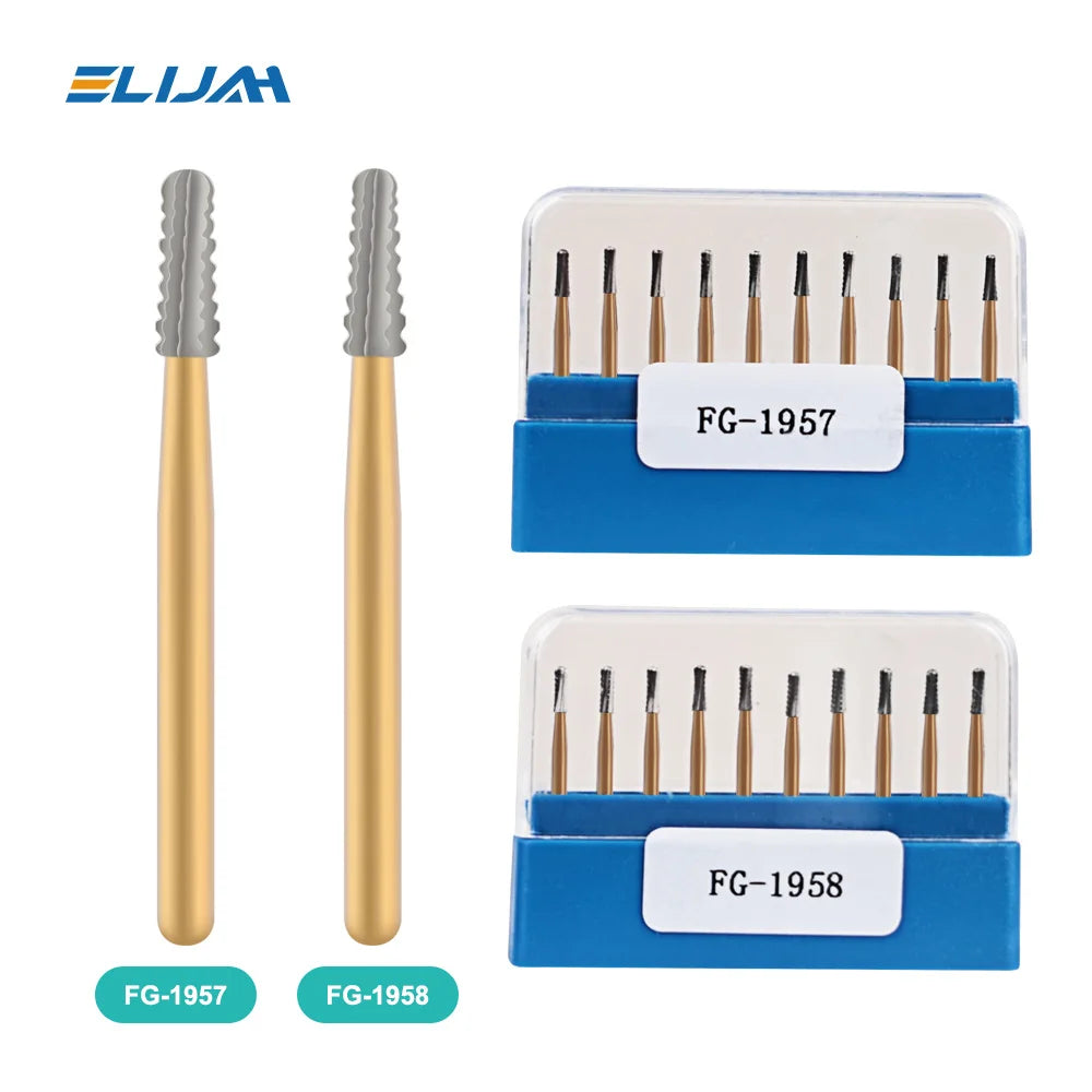 10Pcs/Box FG1957/FG1958 Dental Carbide Burs - Golden High-Speed Tungsten Steel for Crown Metal Cutting, Dentistry Tools