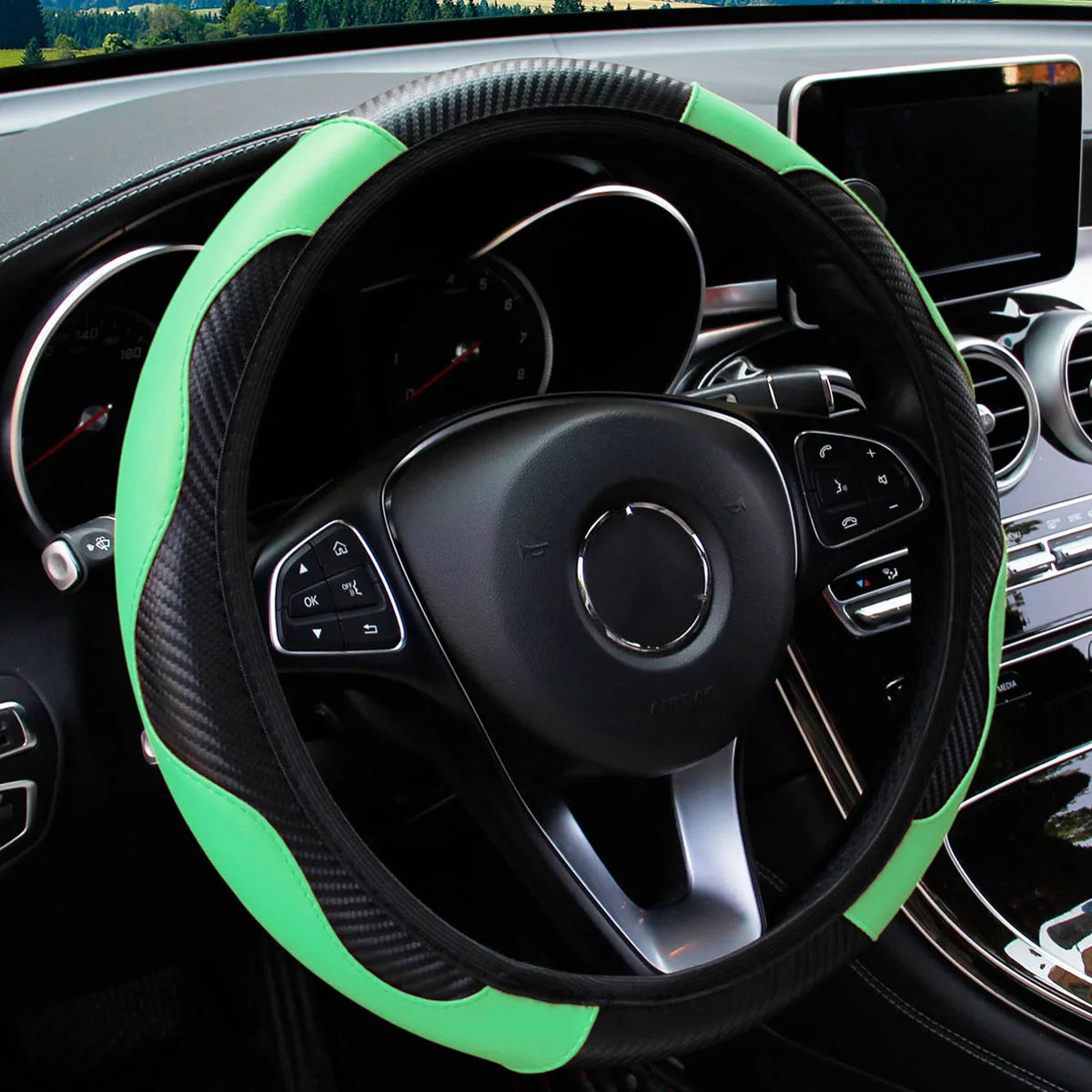 PU Carbon Fiber Leather Steering Wheel Cover — No Inner Ring, Fits 14.5-15 Inch Cars