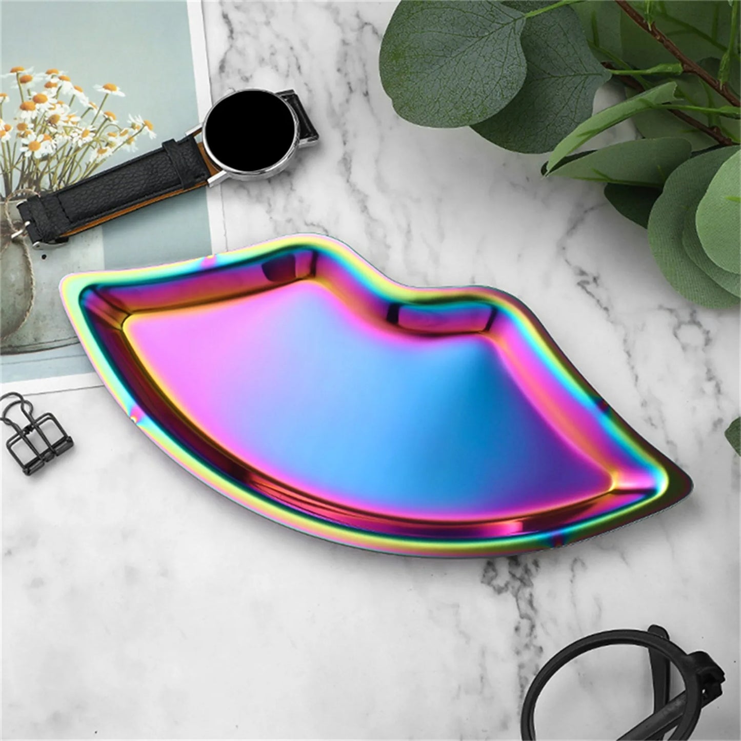 Korean Style Stainless Steel Lip-Shaped Jewelry Tray - Chic Home Cosmetics and Jewelry Storage Decor