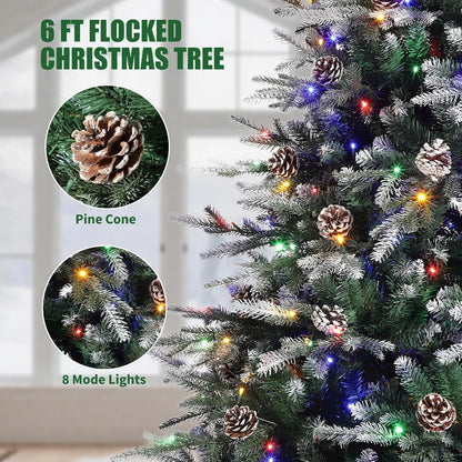 Pre-Lit Snow Flocked Christmas Tree with LED Lights & Pine Cones — 6ft, 7.5ft, 9ft Artificial Holiday Tree for Home Decor