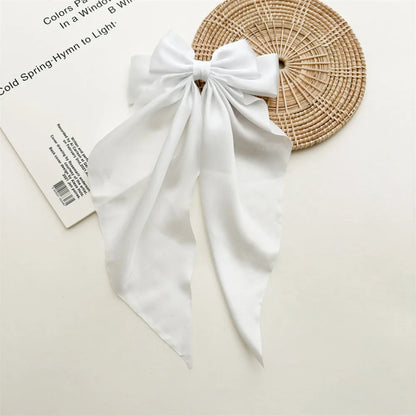 Ladies Satin Oversized Ribbon Bow Hair Clip – White, Pink, Red, Blue, Black, Long Tail Spring Clip for Ponytail Hair Accessories