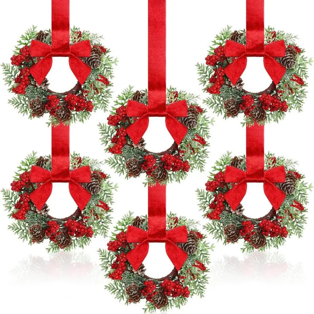 Set of 6 Mini Christmas Cabinet Wreaths with Ribbon Bows – Artificial Farmhouse Holiday Party Decorations