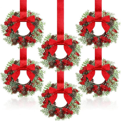 Set of 6 Mini Christmas Cabinet Wreaths with Ribbon Bows – Artificial Farmhouse Holiday Party Decorations